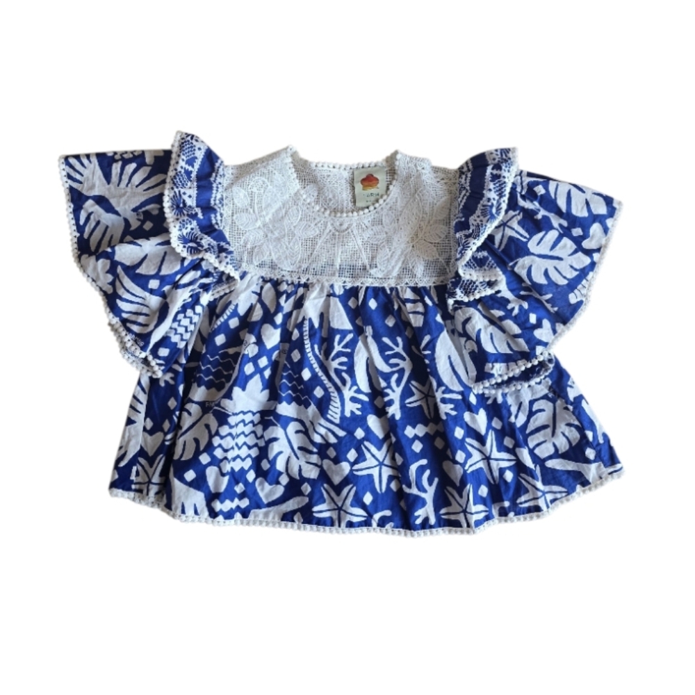 Farm Rio Jungle Scarf Blouse Lace panel Ruffle - Picture 7 of 14